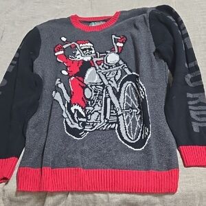 Ugly Christmas Sweater Red and Gray Motorcycle With Santa Crewneck